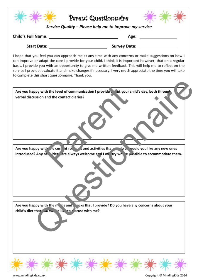 Parent Questionnaire Examples