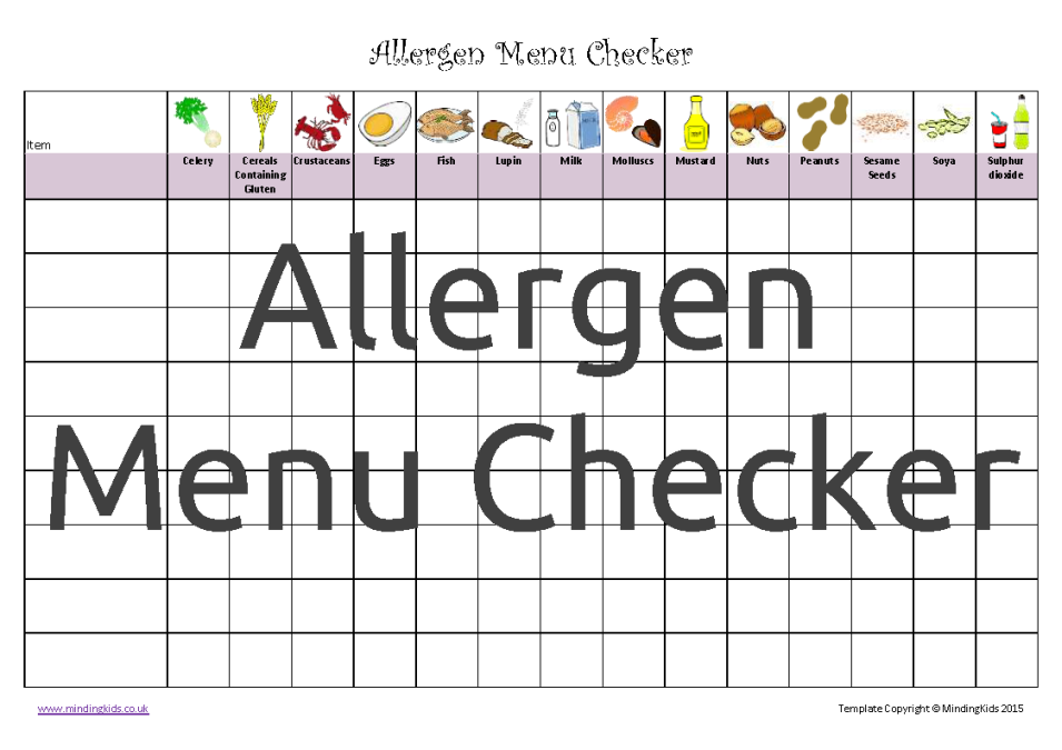 Food Allergen Printable Chart