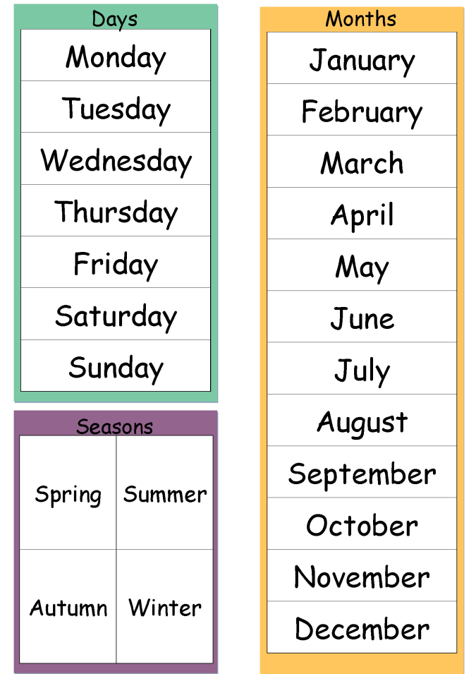 Resultado de imagen de MONTHS, DAYS, SEASONS, NUMBERS.