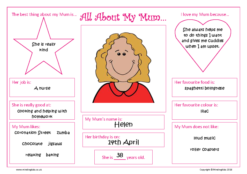 All About My Mum (Mother's Day) Worksheet MindingKids