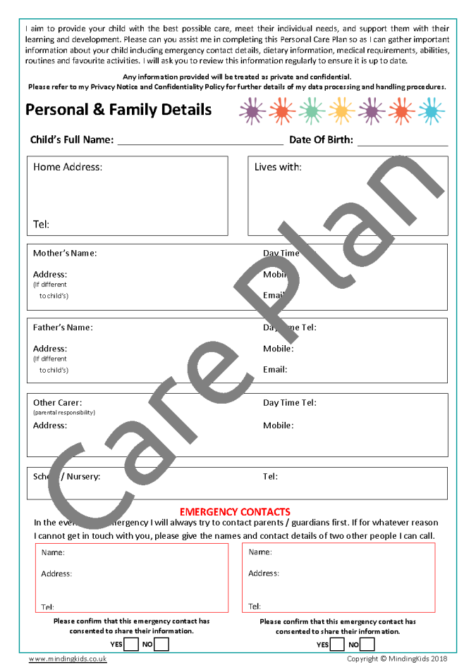 Personal care plan template
