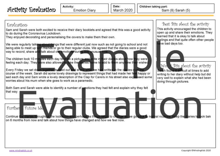 Evaluation Sheet EMOTION DIARY EXAMPLE MindingKids